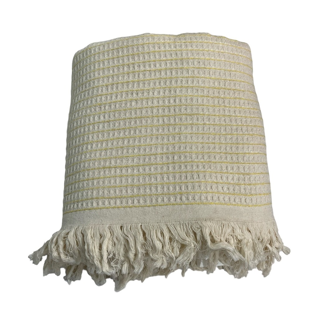 Rachel Ashwell Farmhouse Blanket‎ Throw Yellow Cream Striped Fringe Queen